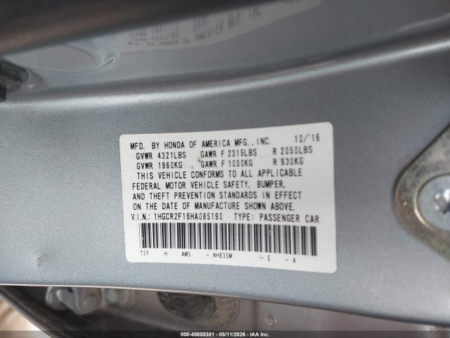2017 Honda Accord Sport Se მანქანა იყიდება აუქციონზე, vin: 1HGCR2F16HA085190, აუქციონის ნომერი: 45058381