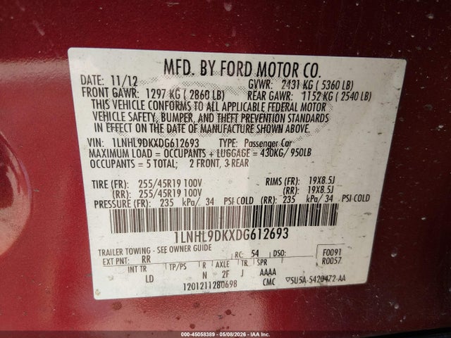 Продаж на аукціоні авто 2013 Lincoln Mks, vin: 1LNHL9DKXDG612693, номер лоту: 45058389