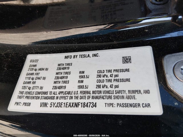 Tesla Model 3 Rear-wheel Drive 2022 5YJ3E1EAXNF184734 Image 9