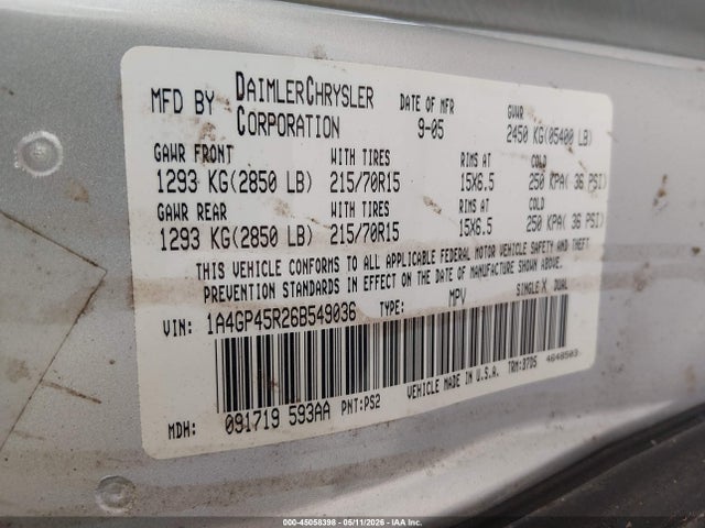 45058398 :رقم المزاد ، 1A4GP45R26B549036 vin ، 2006 Chrysler Town & Country مزاد بيع