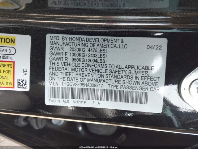 Aukcja sprzedaży 2022 Honda Accord Sport 2.0t, vin: 1HGCV2F38NA009317, numer aukcji: 45058410
