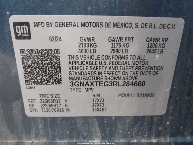 Auction sale of the 2024 Chevrolet Equinox Awd 2fl, vin: 3GNAXTEG3RL284660, lot number: 45058419