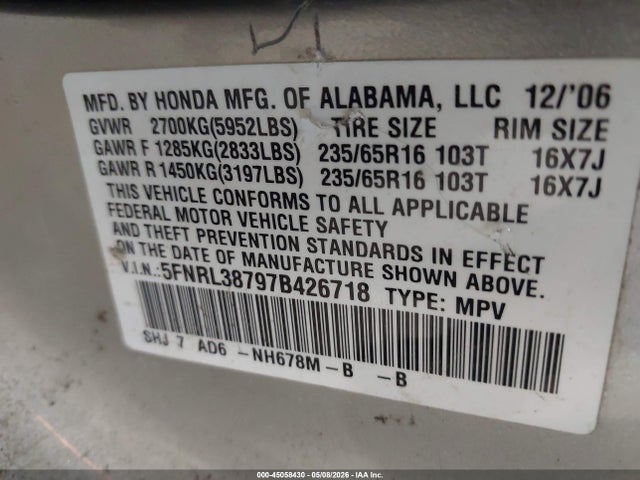 Aukcja sprzedaży 2007 Honda Odyssey Ex-l, vin: 5FNRL38797B426718, numer aukcji: 45058430