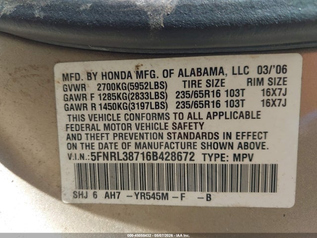 Aukcja sprzedaży 2006 Honda Odyssey Ex-l, vin: 5FNRL38716B428672, numer aukcji: 45058432