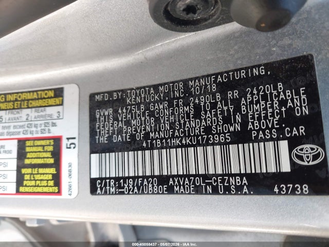 Aukcja sprzedaży 2019 Toyota Camry Le, vin: 4T1B11HK4KU173965, numer aukcji: 45058437