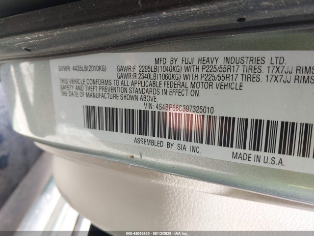 45058440 :رقم المزاد ، 4S4BP66C397325010 vin ، 2009 Subaru Outback 2.5i Limited مزاد بيع