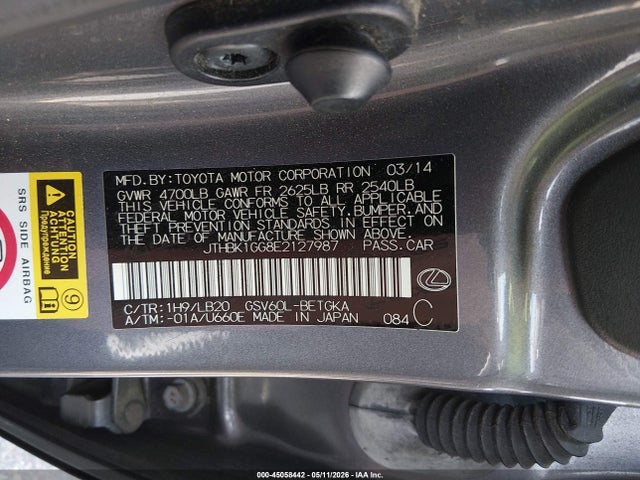 2014 Lexus Es 350 მანქანა იყიდება აუქციონზე, vin: JTHBK1GG8E2127987, აუქციონის ნომერი: 45058442