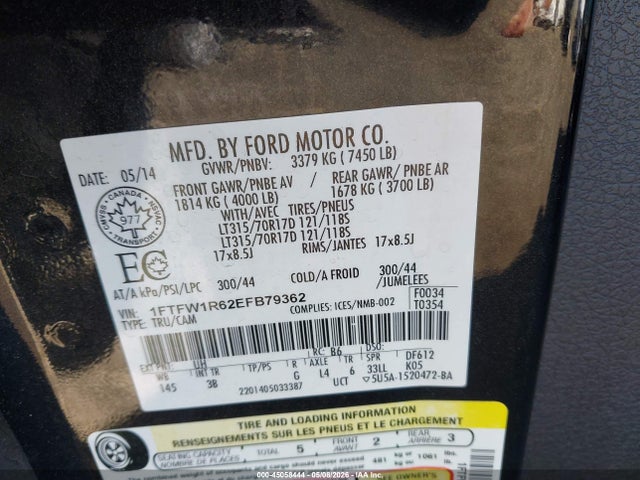 2014 Ford F-150 Svt Raptor მანქანა იყიდება აუქციონზე, vin: 1FTFW1R62EFB79362, აუქციონის ნომერი: 45058444