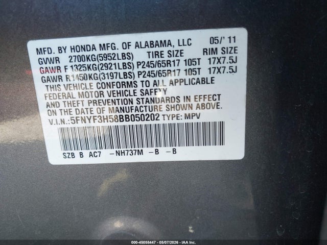Aukcja sprzedaży 2011 Honda Pilot Ex-l, vin: 5FNYF3H58BB050202, numer aukcji: 45058447