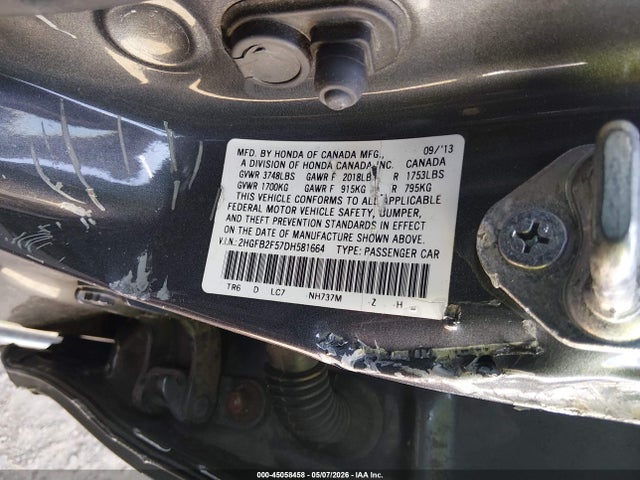 2013 Honda Civic Lx მანქანა იყიდება აუქციონზე, vin: 2HGFB2F57DH581664, აუქციონის ნომერი: 45058458