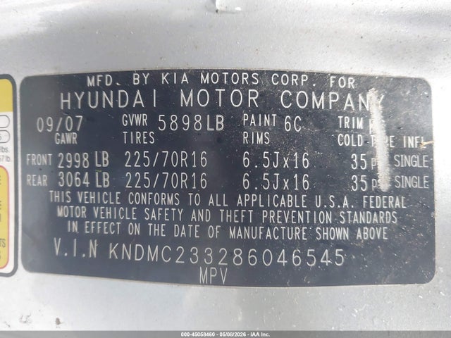 Продаж на аукціоні авто 2008 Hyundai Entourage Gls/limited, vin: KNDMC233286046545, номер лоту: 45058460