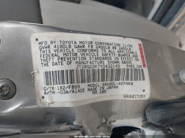 Продаж на аукціоні авто 2000 Toyota Camry Le, vin: JT2BG22K7Y0432149, номер лоту: 45058467