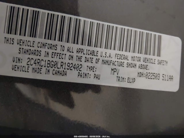 45058485 :رقم المزاد ، 2C4RC1BG0LR192402 vin ، 2020 Chrysler Pacifica Touring L مزاد بيع