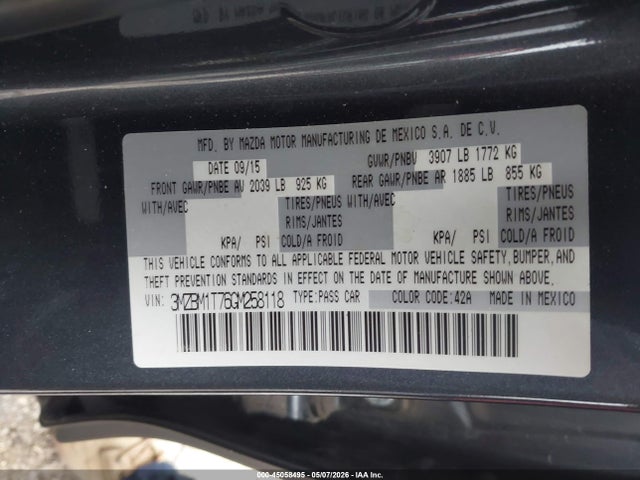 45058495 :رقم المزاد ، 3MZBM1T76GM258118 vin ، 2016 Mazda Mazda3 I Sport مزاد بيع
