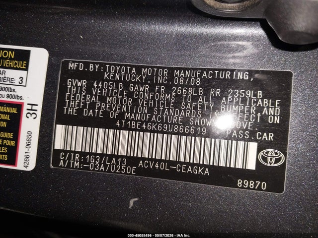 2009 Toyota Camry Xle მანქანა იყიდება აუქციონზე, vin: 4T1BE46K69U866619, აუქციონის ნომერი: 45058496