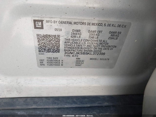 2019 Chevrolet Trax Ls მანქანა იყიდება აუქციონზე, vin: 3GNCJKSB5KL372399, აუქციონის ნომერი: 45058498