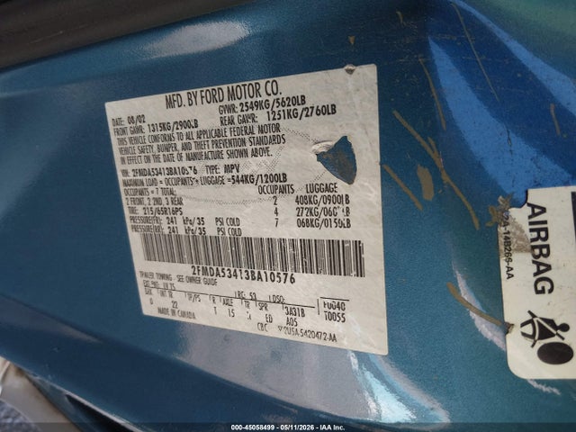 Aukcja sprzedaży 2003 Ford Windstar Sel, vin: 2FMDA53413BA10576, numer aukcji: 45058499