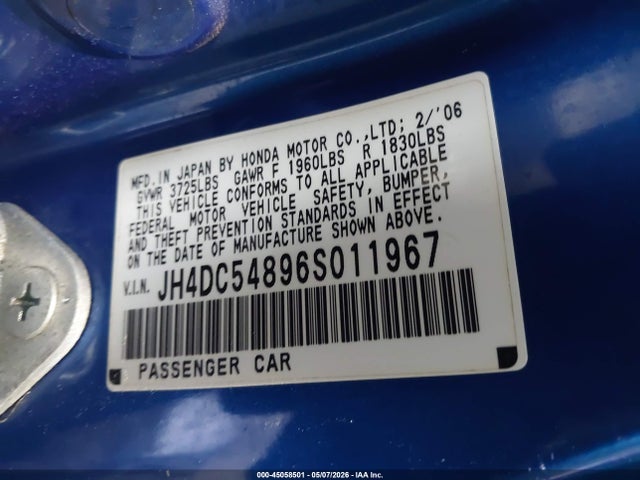 2006 Acura Rsx მანქანა იყიდება აუქციონზე, vin: JH4DC54896S011967, აუქციონის ნომერი: 45058501