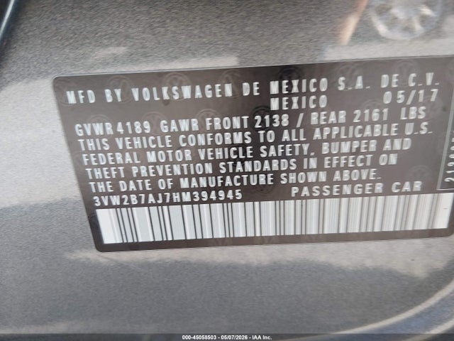 45058503 :رقم المزاد ، 3VW2B7AJ7HM394945 vin ، 2017 Volkswagen Jetta 1.4t S مزاد بيع