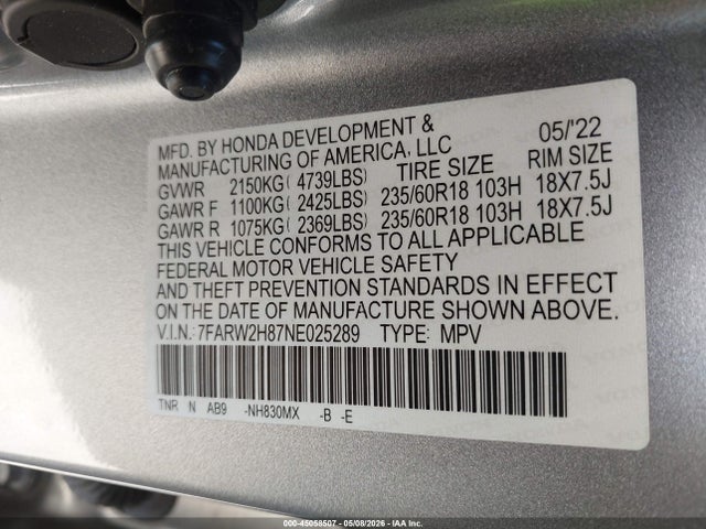 45058507 :رقم المزاد ، 7FARW2H87NE025289 vin ، 2022 Honda Cr-v Awd Ex-l مزاد بيع