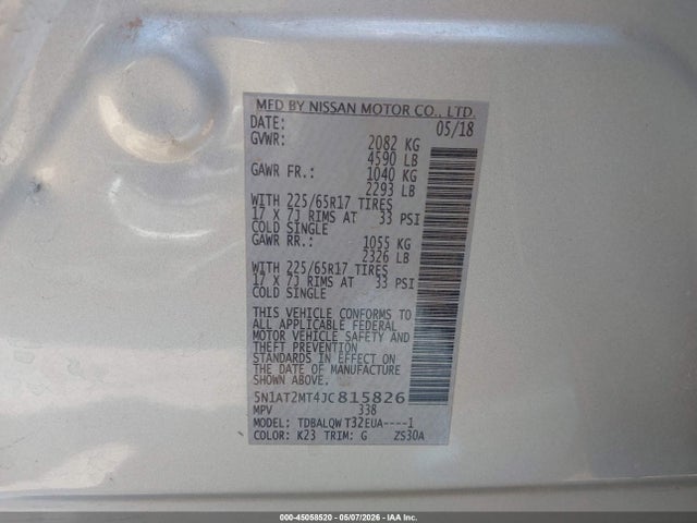 Продажа на аукционе авто 2018 Nissan Rogue Sv, vin: 5N1AT2MT4JC815826, номер лота: 45058520