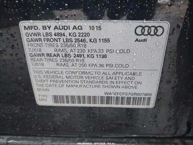 2016 Audi Q3 2.0t Premium Plus მანქანა იყიდება აუქციონზე, vin: WA1EFCFS7GR007865, აუქციონის ნომერი: 45058524