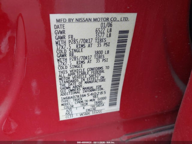 Aukcja sprzedaży 2006 Nissan Titan Se, vin: 1N6BA07B36N540285, numer aukcji: 45058525