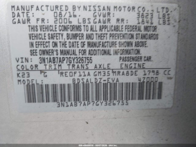 Aukcja sprzedaży 2016 Nissan Sentra Sv, vin: 3N1AB7AP7GY326755, numer aukcji: 45058535