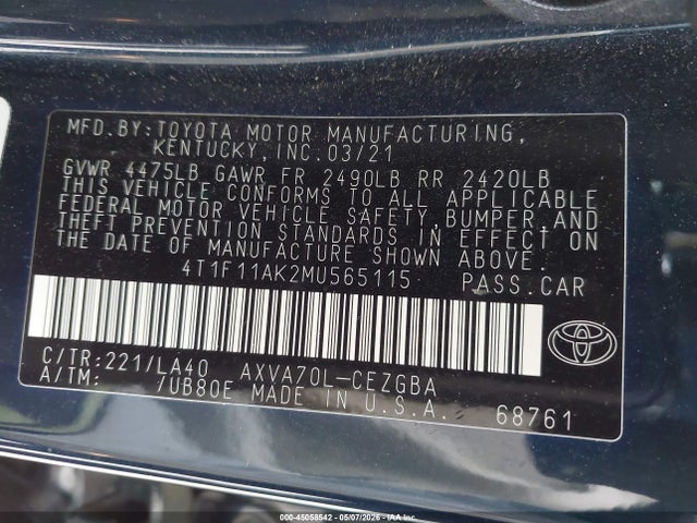 Toyota CAMRY XLE 2021 4T1F11AK2MU565115 Image 9