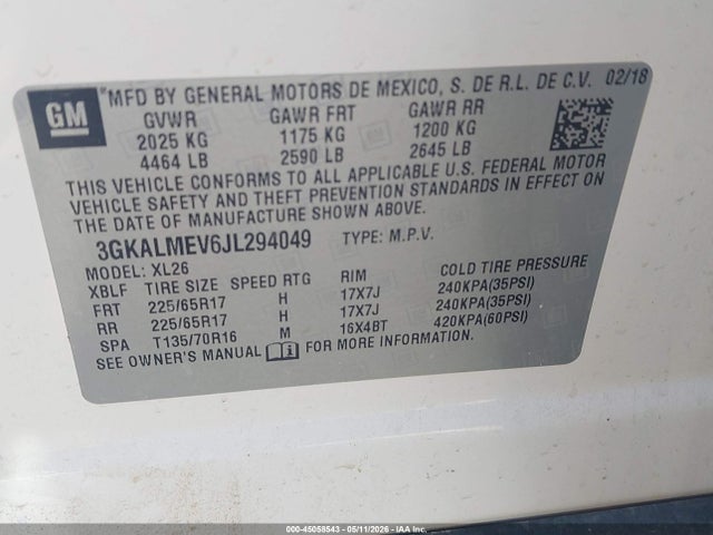 Aukcja sprzedaży 2018 Gmc Terrain Sle, vin: 3GKALMEV6JL294049, numer aukcji: 45058543