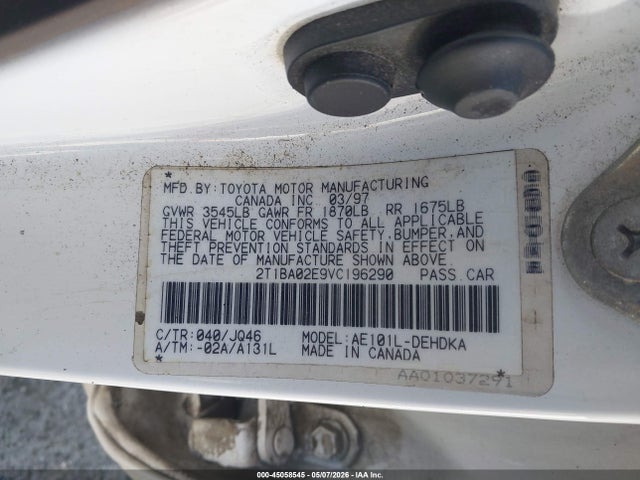 Продаж на аукціоні авто 1997 Toyota Corolla Ce, vin: 2T1BA02E9VC196290, номер лоту: 45058545
