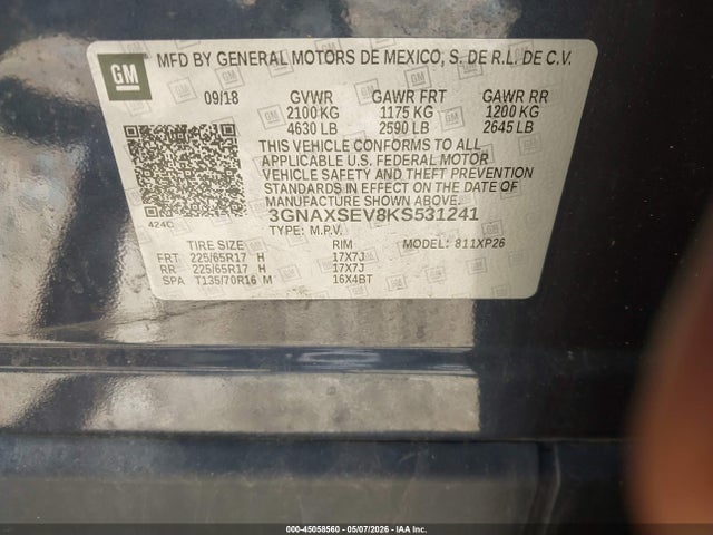 2019 Chevrolet Equinox Ls მანქანა იყიდება აუქციონზე, vin: 3GNAXSEV8KS531241, აუქციონის ნომერი: 45058560