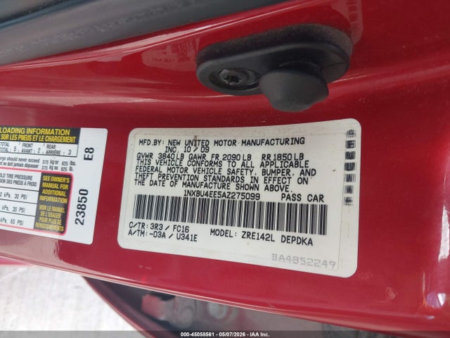 2010 Toyota Corolla Le მანქანა იყიდება აუქციონზე, vin: 1NXBU4EE5AZ275099, აუქციონის ნომერი: 45058561