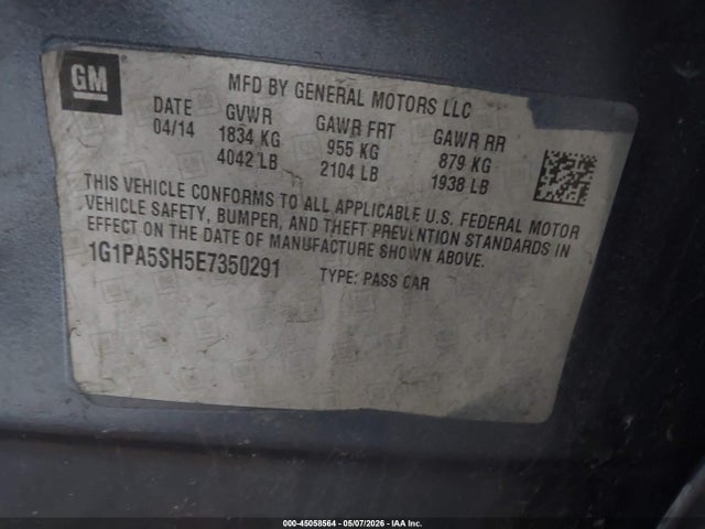 2014 Chevrolet Cruze Ls Auto მანქანა იყიდება აუქციონზე, vin: 1G1PA5SH5E7350291, აუქციონის ნომერი: 45058564