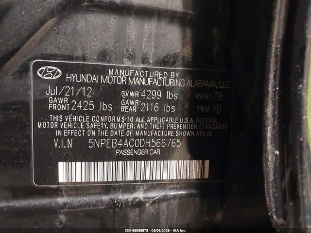 2013 Hyundai Sonata Gls მანქანა იყიდება აუქციონზე, vin: 5NPEB4AC0DH566765, აუქციონის ნომერი: 45058578