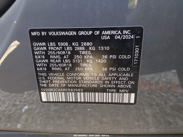 Продаж на аукціоні авто 2024 Volkswagen Atlas 2.0t Peak Edition Sel, vin: 1V2GR2CA5RC582563, номер лоту: 45058602
