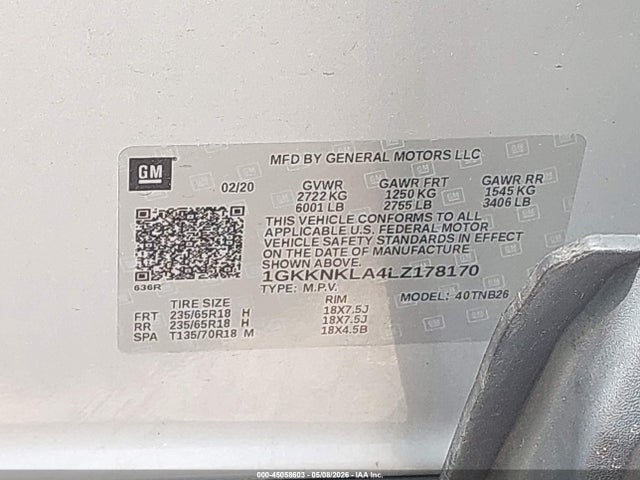 Aukcja sprzedaży 2020 Gmc Acadia Fwd Sle, vin: 1GKKNKLA4LZ178170, numer aukcji: 45058603