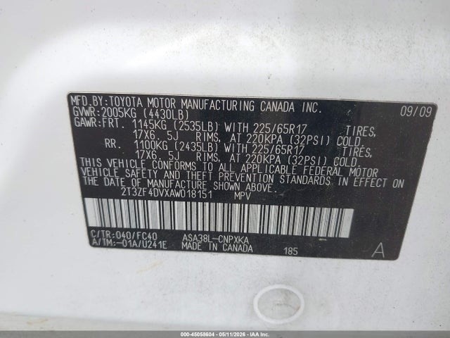 45058604 :رقم المزاد ، 2T3ZF4DVXAW018151 vin ، 2010 Toyota Rav4 مزاد بيع