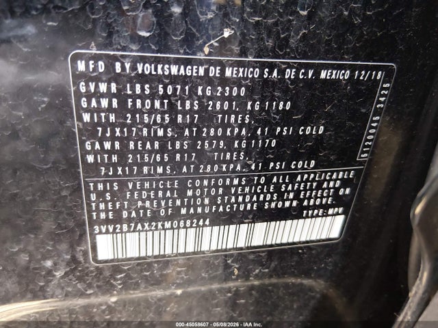 45058607 :رقم المزاد ، 3VV2B7AX2KM068244 vin ، 2019 Volkswagen Tiguan 2.0t Se/2.0t Sel/2.0t Sel R-line/2.0t Sel R-line Black مزاد بيع