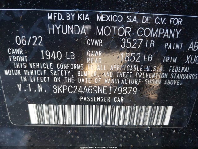Auction sale of the 2022 Hyundai Accent Sel, vin: 3KPC24A69NE179879, lot number: 45058610