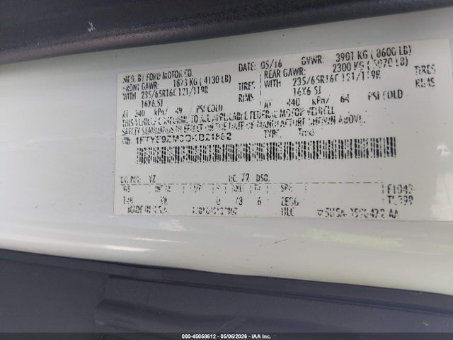 Aukcja sprzedaży 2016 Ford Transit-150, vin: 1FTYE9ZM3GKB21862, numer aukcji: 45058612