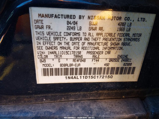 Продаж на аукціоні авто 2005 Nissan Altima 2.5 S, vin: 1N4AL11D15C172150, номер лоту: 45058621