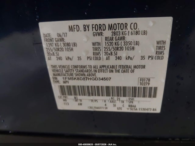 2017 Ford Explorer Xlt მანქანა იყიდება აუქციონზე, vin: 1FM5K8D87HGD34507, აუქციონის ნომერი: 45058625