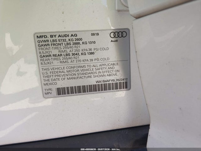Aukcja sprzedaży 2020 Audi Sq5 Premium Plus Tfsi Quattro Tiptronic, vin: WA1B4AFY6L2022412, numer aukcji: 45058639