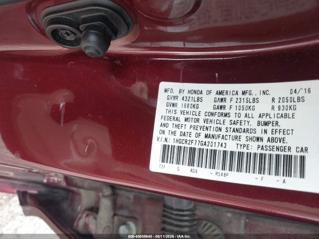 Aukcja sprzedaży 2016 Honda Accord Ex, vin: 1HGCR2F77GA201743, numer aukcji: 45058645