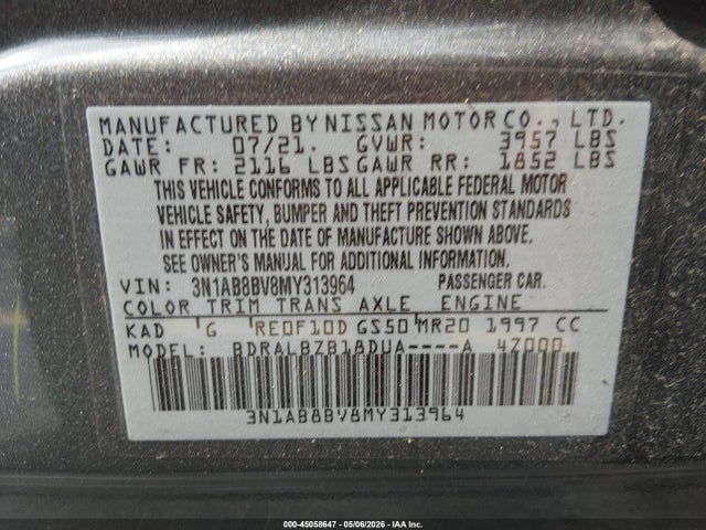 45058647 :رقم المزاد ، 3N1AB8BV8MY313964 vin ، 2021 Nissan Sentra S Xtronic Cvt مزاد بيع