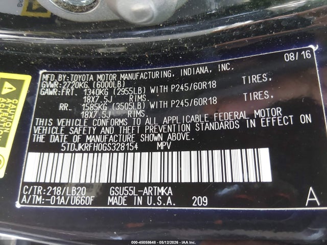 Aukcja sprzedaży 2016 Toyota Highlander Xle V6, vin: 5TDJKRFH0GS328154, numer aukcji: 45058648