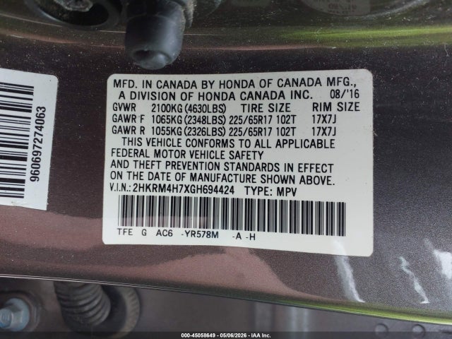 2016 Honda Cr-v Ex-l მანქანა იყიდება აუქციონზე, vin: 2HKRM4H7XGH694424, აუქციონის ნომერი: 45058649