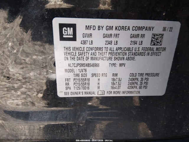 2022 Chevrolet Trax Awd Lt მანქანა იყიდება აუქციონზე, vin: KL7CJPSM5NB546966, აუქციონის ნომერი: 45058655