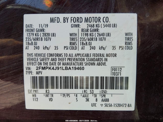 Aukcja sprzedaży 2020 Ford Edge Sel, vin: 2FMPK4J91LBA19460, numer aukcji: 45058656
